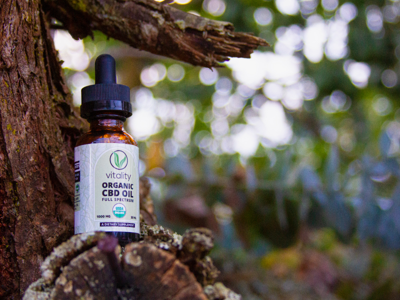 Bottle of CBD oil on top of a tree branch