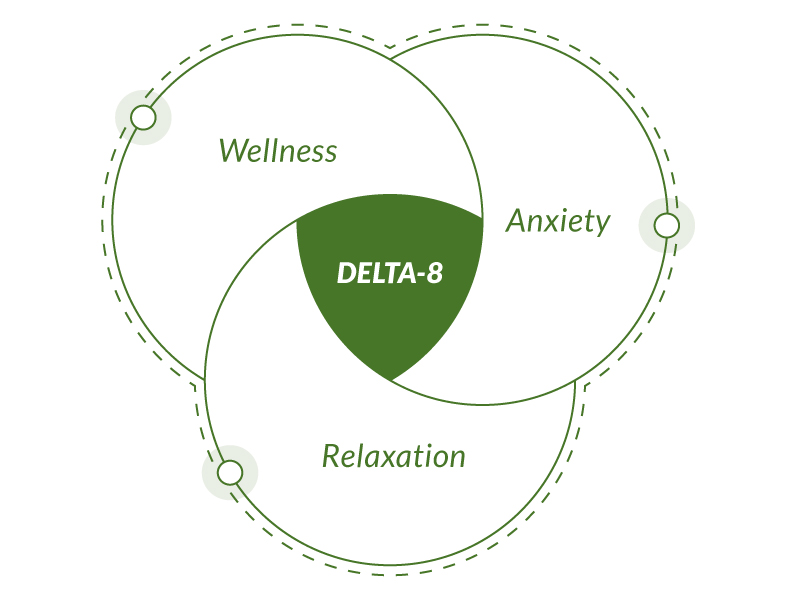 Venn diagram in which CBD is in the middle of wellness, relief, and happiness