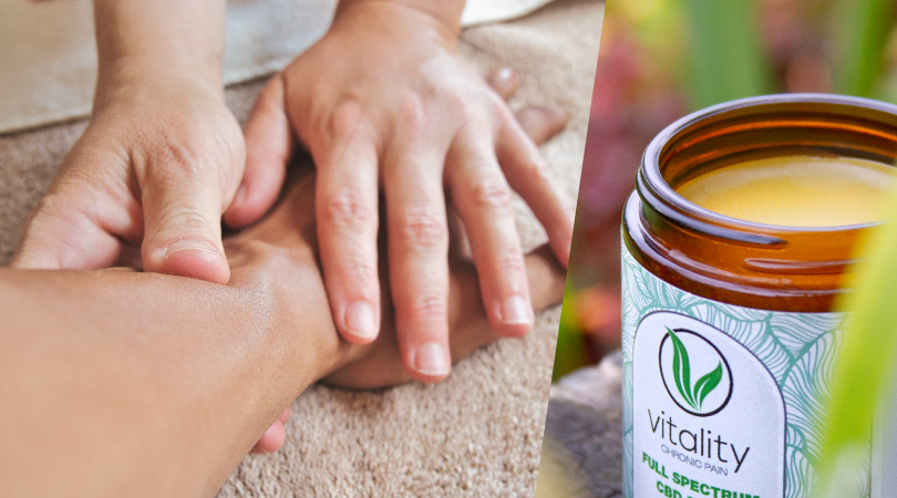 Two hands applying a massage on someone's arm juxtaposed with an open container of Vitality's CBD salve. 