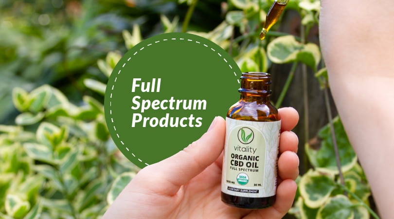 Bottle of Vitality's full-spectrum CBD oil with leaves in the background.