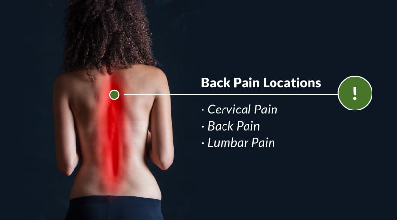 Woman's back with the different pain locations listed next to it: cervical, back, and lumbar.
