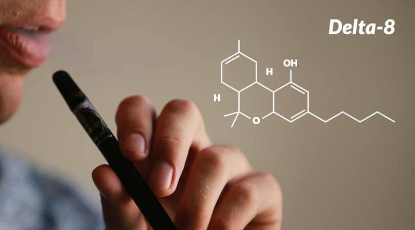 Man holding a vape with Delta-8's molecule next to it.
