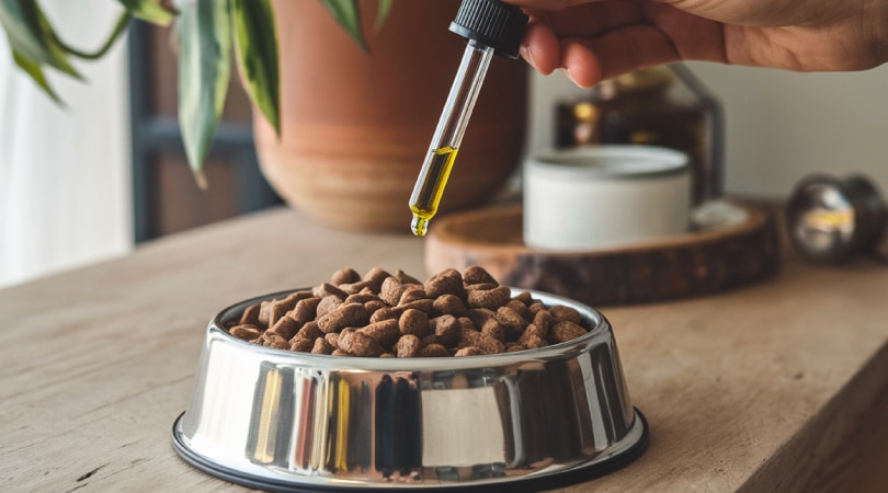 A hand holding a dropper full of CBD oil pouring it onto a cat food bowl.