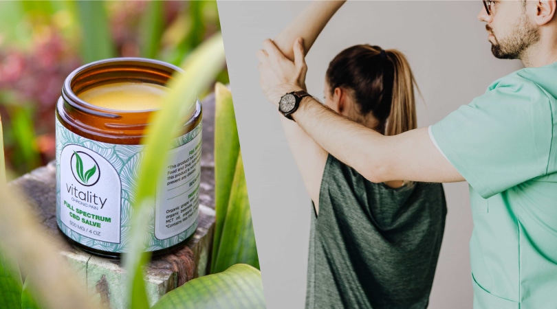 Vitality CBD salve juxtaposed with a woman doing exercises for back pain.