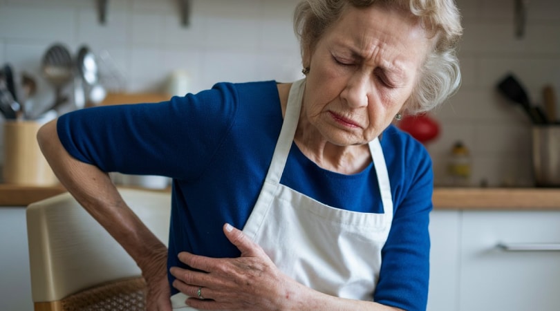 Woman suffering from back pain due to osteoporosis.