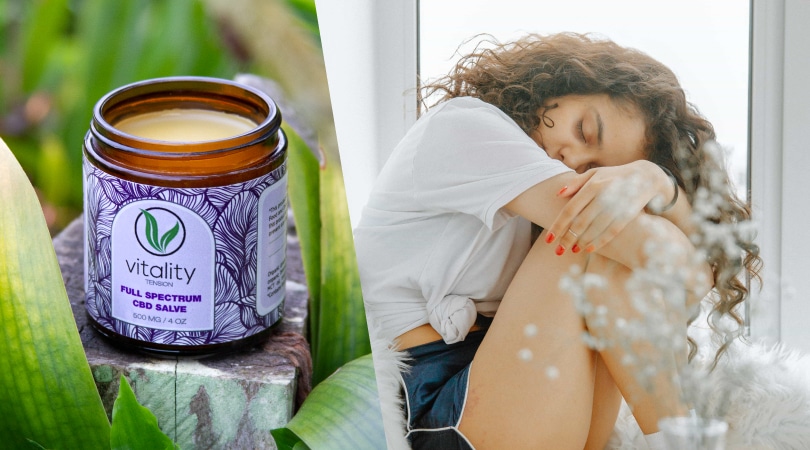 Vitality CBD salve juxtaposed to a woman sitting down holding her stomach due to menstrual pain.