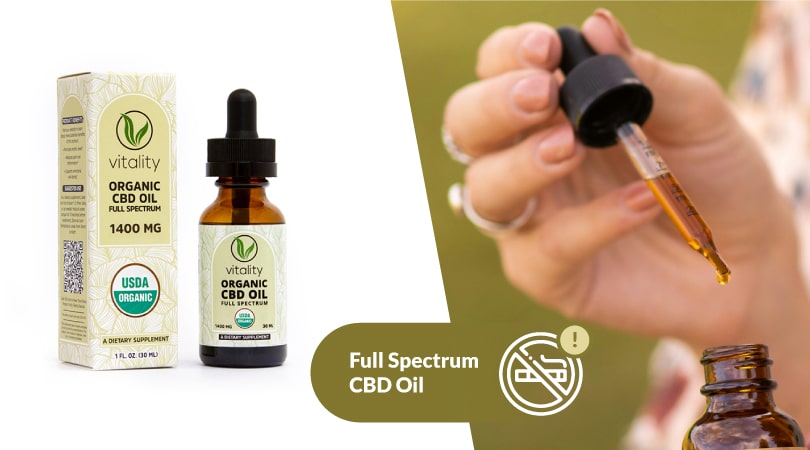 Bottle of Vitality CBD oil juxtaposed to a dropper full of CBD oil and a "no smoking" sign at the bottom.