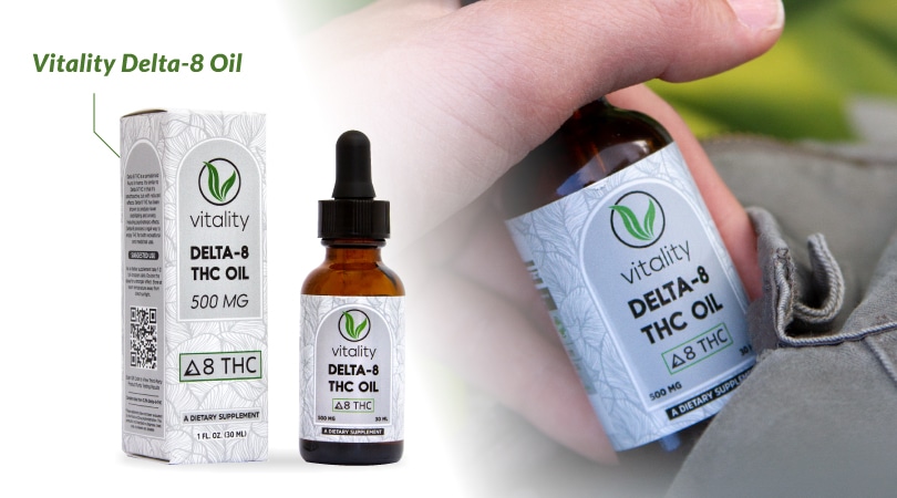 Bottle of Vitality's Delta-8 oil.