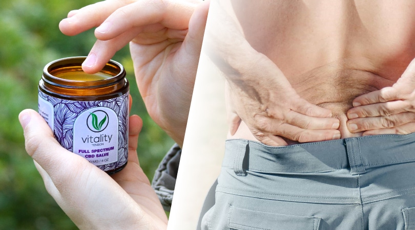 Vitality CBD salve juxtaposed to a man holding his lower back because of sciatica.