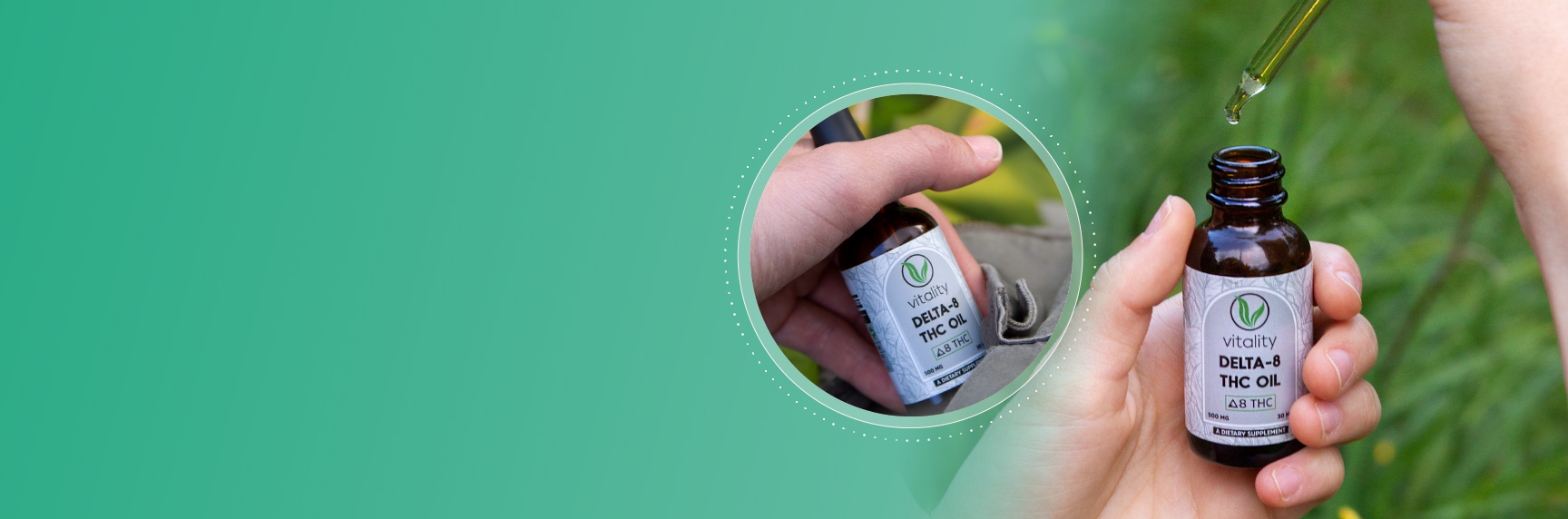 Hand holding a bottle of Vitality CBD oil.