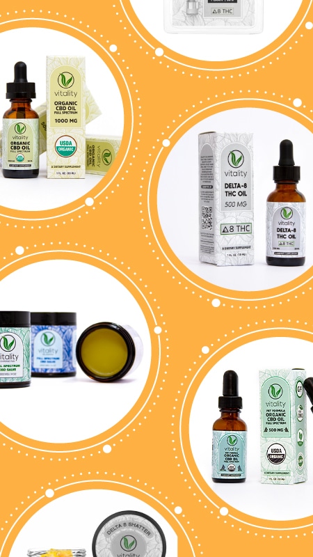 Collage of Vitality's products, including CBD oil, CBD oil for pets, CBD salve,  Delta-8 oil, Delta-8 cart, and Delta-8 shatter.