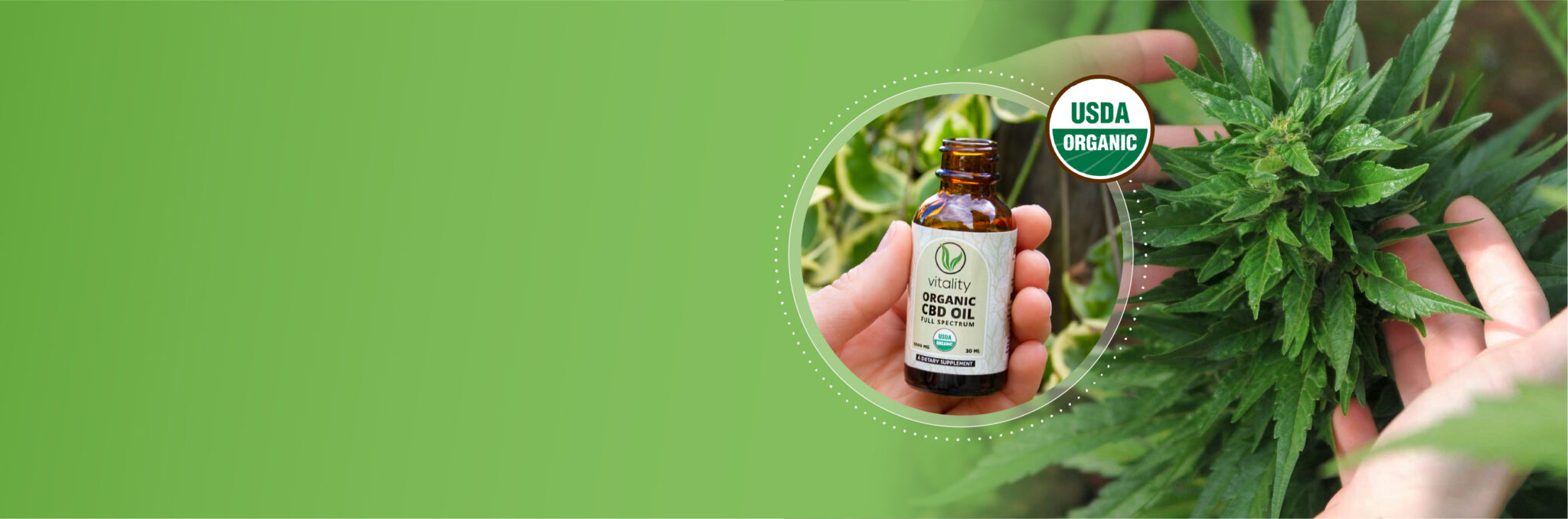 Hand holding a bottle of Vitality CBD oil.